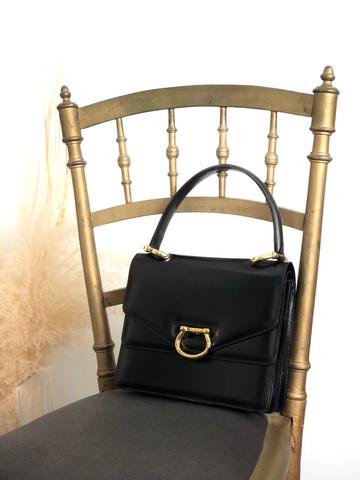【 日本直送 名牌中古包 】CELINE  સૅલિન 手提包 黑色 馬銜扣 皮革 雙翻蓋 vintage 古董 hu6ksh