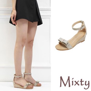 【MIXTY】涼鞋 坡跟涼鞋/氣質復古亮絲布蝴蝶結繫帶坡跟涼鞋 金