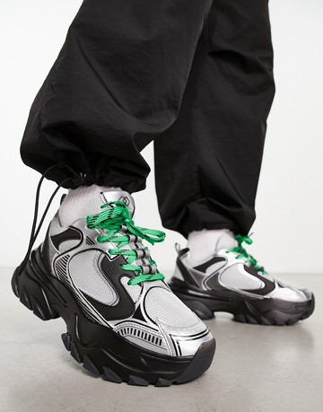 ASOS DESIGN chunky trainers in silver with contrast lace-Green