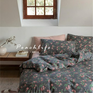 ♡Peachlife.♡「台灣現貨」100%棉純玫瑰花床包組 黑玫瑰 床包被套枕套 舒適柔軟 玫瑰 玫瑰花床包 床包組