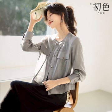 初色 純色寬鬆休閒輕薄空調衫透氣長袖襯衫上衣女上衣-灰色-11539(M-2XL可選)