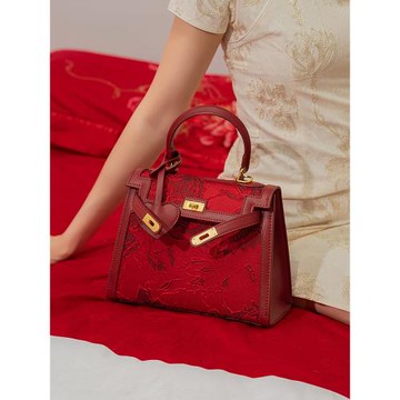 【花如錦繡】刺繡凱莉包手提高級感紅色結婚包包新娘包女日常可用