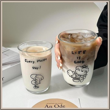 ins風玻璃杯 美式玻璃杯 小狗玻璃水杯 飲料杯 牛奶杯 果汁杯 冰拿鐵咖啡杯 飲品杯