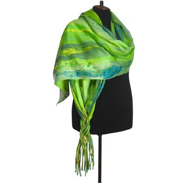 Emerald Meadow — Handfelted Wool & Silk Scarf, 51×185 cm