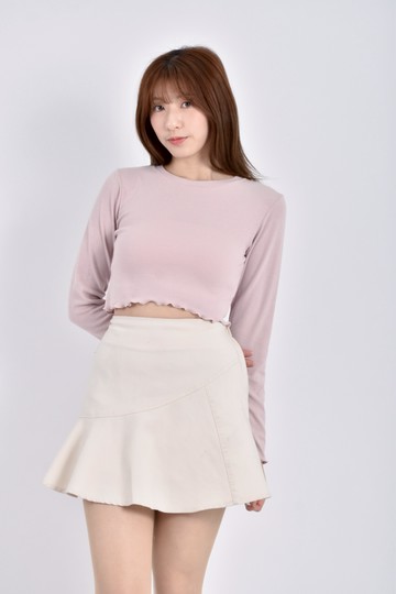 (S) desire shop質感修身短版棉質木耳邊粉色長袖上衣