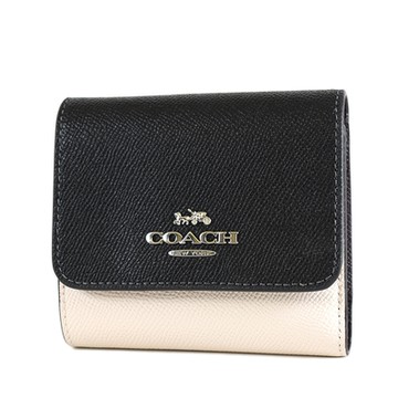 COACH 拚色防刮皮革三折釦式短夾-黑/白