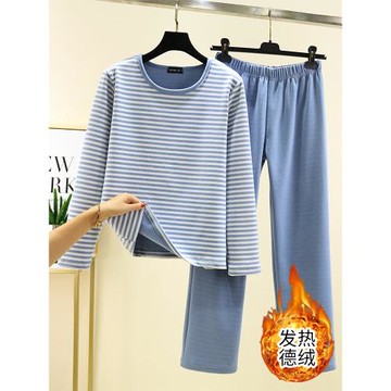 德絨保暖睡衣套裝女冬加絨加厚條紋上衣長褲大碼寬松家居服兩件套