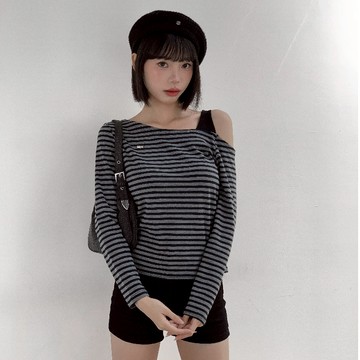 【Aa.chic熱賣商品】休閒復古條紋斜肩上衣(三色).女裝/斜肩/條紋/休閒/長袖/上衣/復古/日常【C087323】