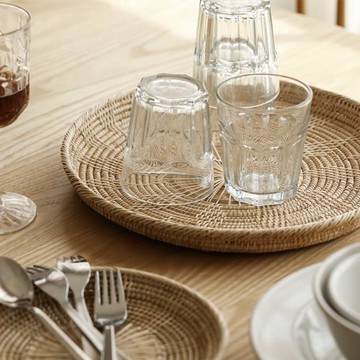 藤編圓形茶杯托盤日式零食面包水果盤純手工編織收納筐越南竹編籃