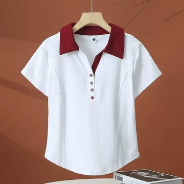 棉翻領polo短袖夏季時尚2026T恤新款顯瘦女士t恤短袖紐扣撞色上衣