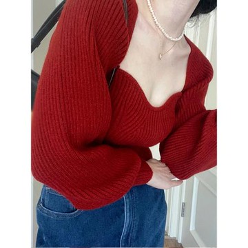 2025年新款方領短款紅色毛衣秋冬季打底內搭針織衫上衣設計感小眾