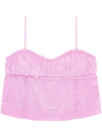 GANNI - ruffle-trim satin top - women - Viscose/Polyamide - 36 - Pink