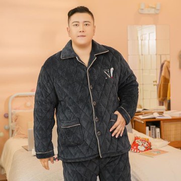 冬季保暖加厚加絨加肥加大男士三層珊瑚絨夾棉大碼睡衣家居服套裝