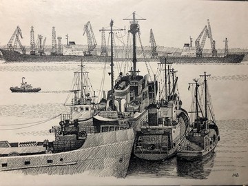 港口場景，工業海洋景觀，紙上墨水筆，家居裝飾，牆面藝術