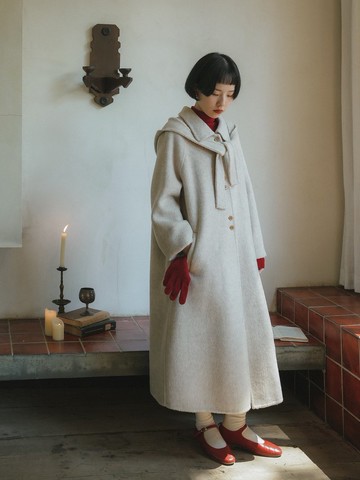 燕麥色 帶帽羊毛大衣 經典保暖通勤長款外套