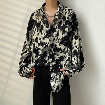 M-3XL 復古 港風 印水墨花  長袖 襯衫 男 設計感 小眾 花襯衣 慵懶風 寬鬆 墜感 上衣 男（J2230）