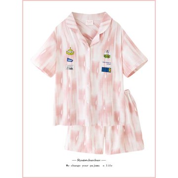 可愛粉色扎染睡衣女款夏季薄純棉短袖短褲初中學生情侶家居服夏天