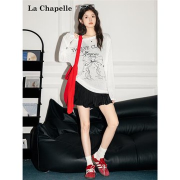 拉夏貝爾韓系印花寬松設計感罩衫抽褶微透顯瘦t恤女防曬長袖上衣