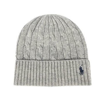 RALPH LAUREN POLO 小馬刺繡LOGO素面CASHMERE羊毛扭紋編織毛帽-淺灰色