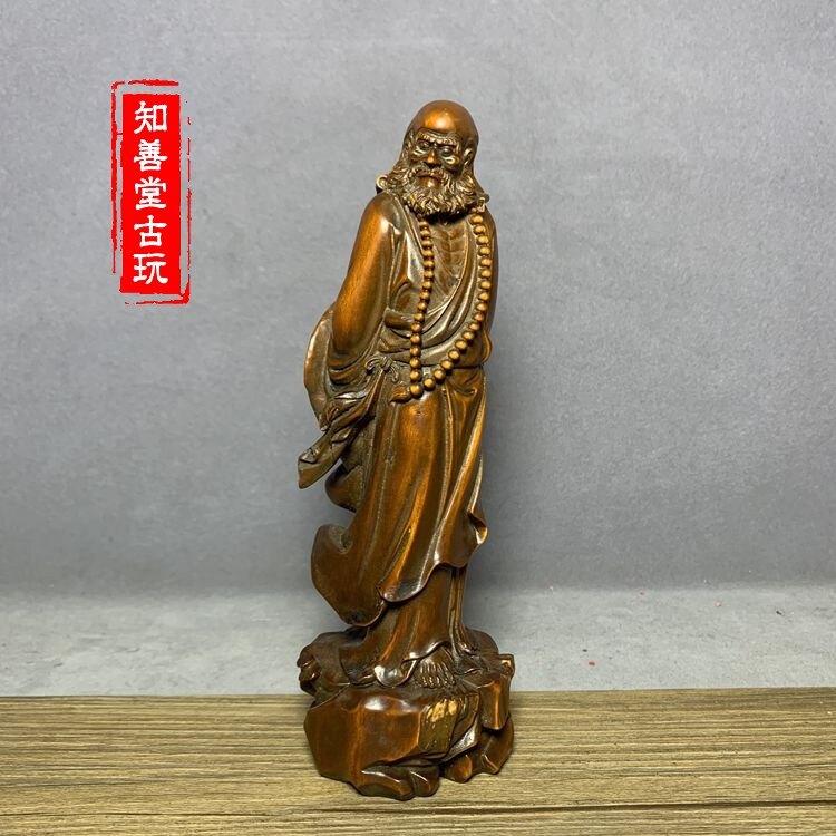 雕刻擺件 老黃楊木精雕達摩祖師小擺件古玩木雕老雕件仿古包漿木雕佛像文玩