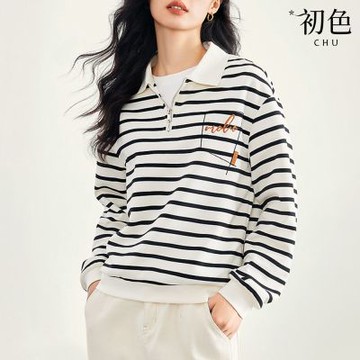 初色 寬鬆刺繡字母條紋拉鍊POLO領長袖上衣-黑白條紋-38089(M-2XL可選)