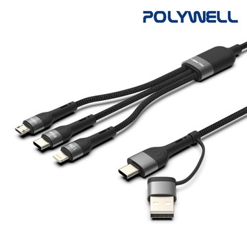 POLYWELL 5合1 二拖三 編織 快充線 PD USB-A USB-C to USB-C Lightning mi