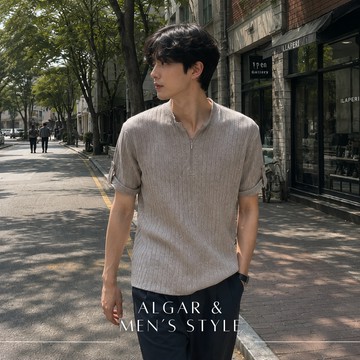 【Algar選品】韓系Ins拉鍊立領肌理感短袖上衣 袖釦涼感素面 韓風 透氣 文青 簡約 正肩 合身 休閒 百搭 男上衣