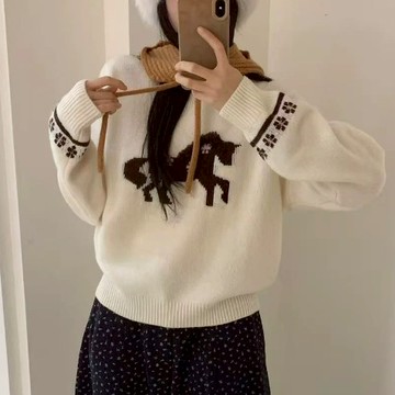 秋冬季韓系花小馬圓領針織衫毛衣