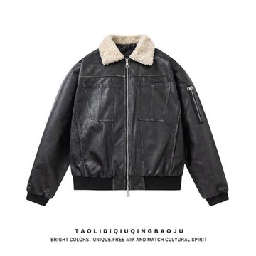 黑色羊羔毛領拼接皮衣棉服女2026新款高街寬松顯瘦加厚夾棉外套潮