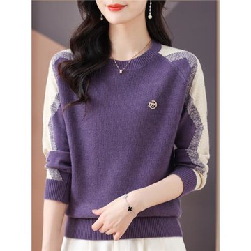 氣質撞色圓領上衣女秋冬新款百搭短款針織打底衫寬松顯瘦毛衣外穿