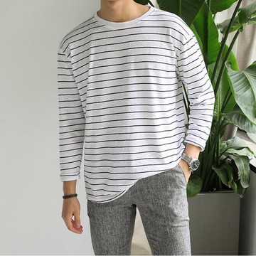FINDSENSE 時尚潮流 男 日系 寬鬆 百搭全棉 條紋休閒 長袖T恤 圓領T恤