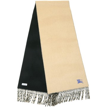 BURBERRY 巴寶莉 100%喀什米爾刺繡戰馬拚色雙面羊絨圍巾(168x30CM/卡其x黑)