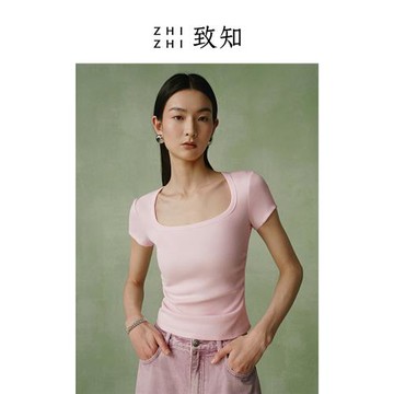 致知ZHIZHI 憶舊游慢 打底短袖T恤女春夏季彈力別致大方領