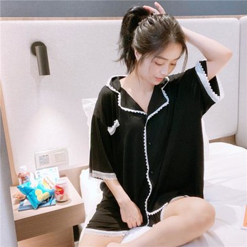 夏季方領短袖睡衣女薄款莫代爾簡約花邊開衫家居服大碼200斤套裝