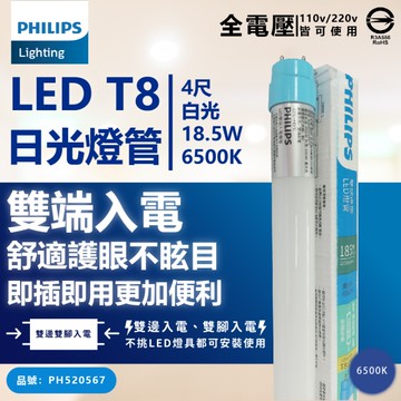 【卡樂】免運 10入組 飛利浦 T8 LED 燈管 18.5W 4尺 雙端入電 無藍光 燈管 CNS認證 燈