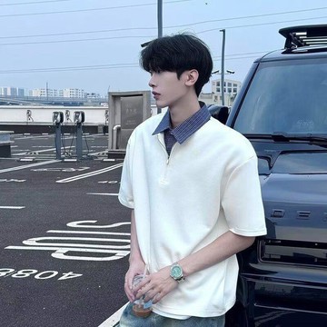 【臺灣出貨】美式假兩件翻領半拉鍊短袖POLO衫男 夏季潮牌格紋拼接休閒短袖上衣 重磅純棉 棉T