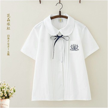日系軟妹童趣可愛小熊刺繡口袋系帶蝴蝶結娃娃領jk制服短袖襯衫女