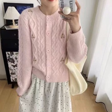 刺繡羊毛絨麻花針織外套-4色 393280