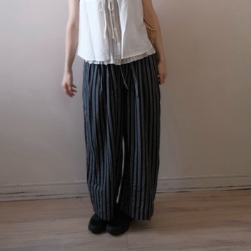 057_studio 夏季復古亞麻條紋拼接棉麻抽繩微彎刀褲