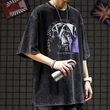 歐美高街復古水洗oversize寬松半袖CHIC潮牌hiphop短袖嘻哈T恤男