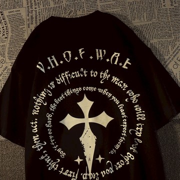 美式潮牌十字架短袖t恤女男夏ins寬松歐美街頭風chic港味半袖上衣