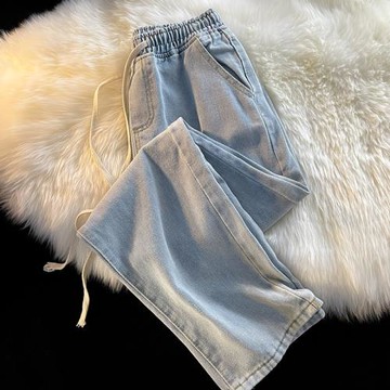 春秋薄款松緊腰牛仔褲男青少年港風百搭潮流直筒休閑寬松系繩褲子