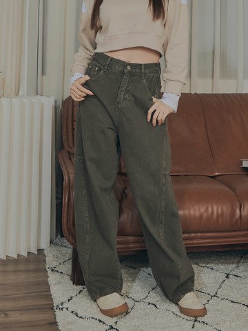 簡約斜紋後鬆緊長褲-綠色