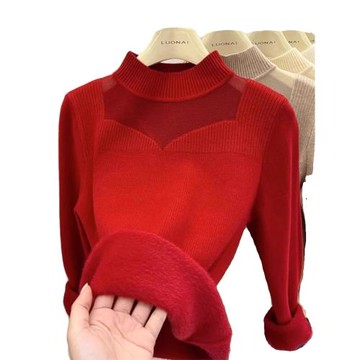 加絨毛衣女加厚冬季內搭一體絨小眾設計感網紗上衣半高領打底衫女