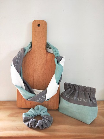 編織髮帶-心心相連湖水綠(電繡)+口夾包+髮圈