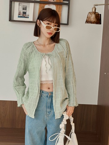 棉質立體泡泡紗荷葉袖罩衫上衣