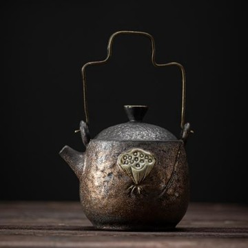 日式鎏金鐵釉禪蓮提梁壺 陶瓷功夫茶壺小號復古家用單壺泡茶器