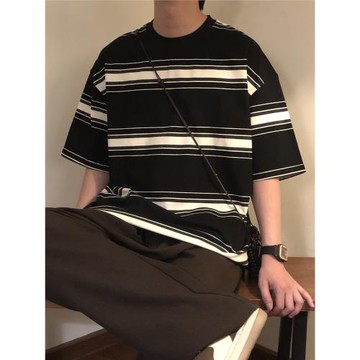 NAGAWL夏季美式復古學院風拼色條紋寬松休閑圓領短袖T恤上衣男女