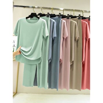 冰絲短袖長褲家居服女夏季套裝薄款涼感睡衣可外穿寬松無痕兩件套