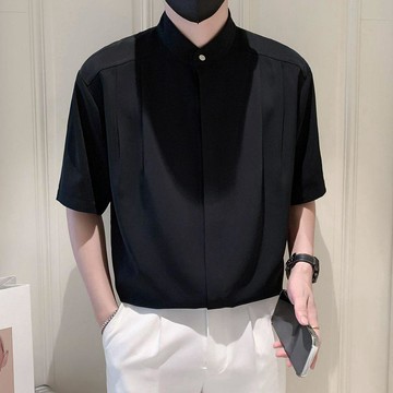 立領襯衫男短袖夏季高級感商務休閒套裝五分半袖中式襯衣寬鬆百搭